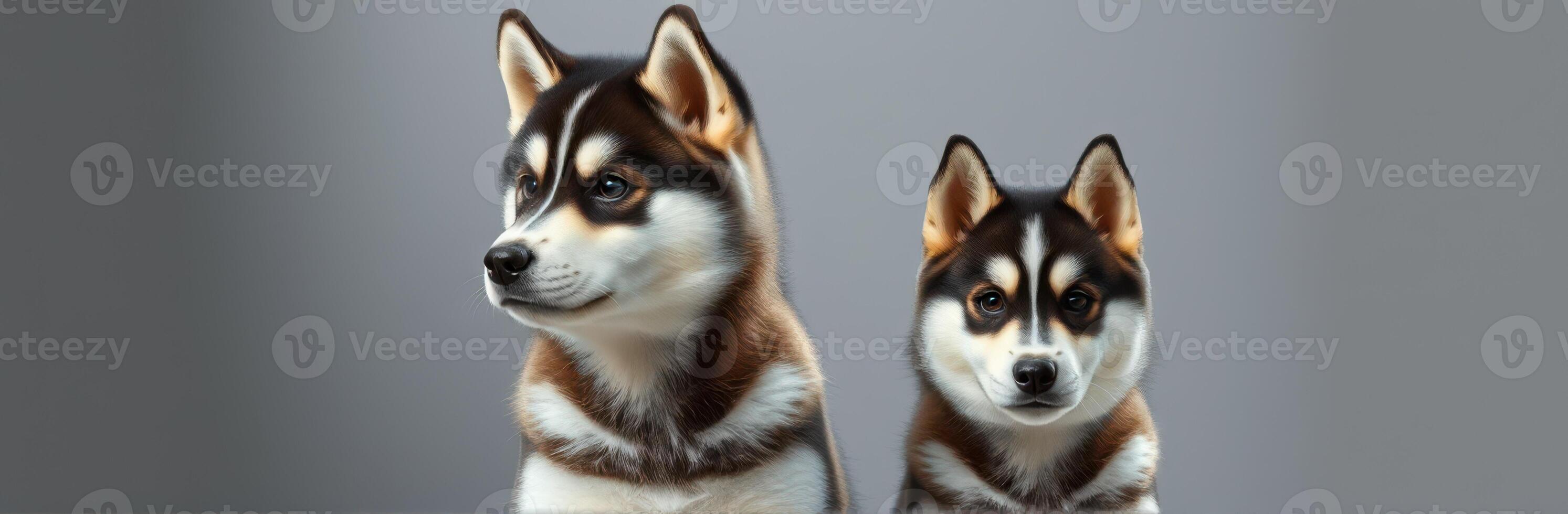 Siberian Husky Puppy Portrait. Two Adorable Dogs Bonding Together with Fluffy Fur and Expressive Brown Eyes on Gray Background photo