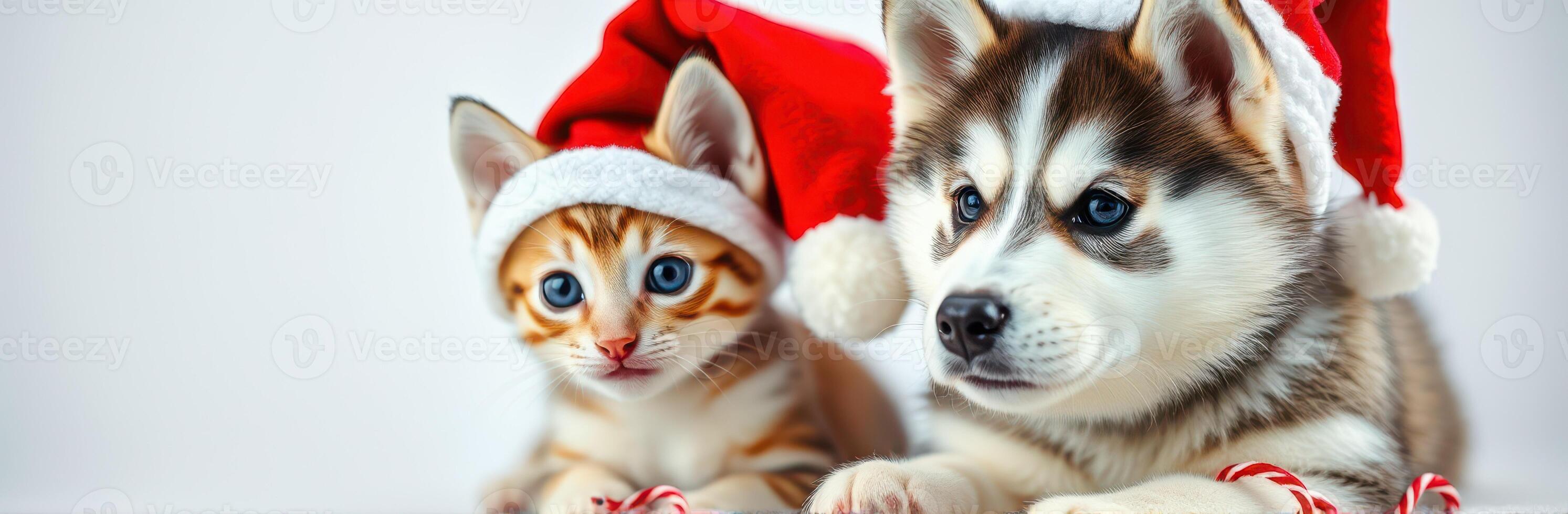 Adorable Kitten and Puppy in Festive Christmas Attire with Santa Hat and Candy Cane Decor for a Joyful Holiday Portrait photo