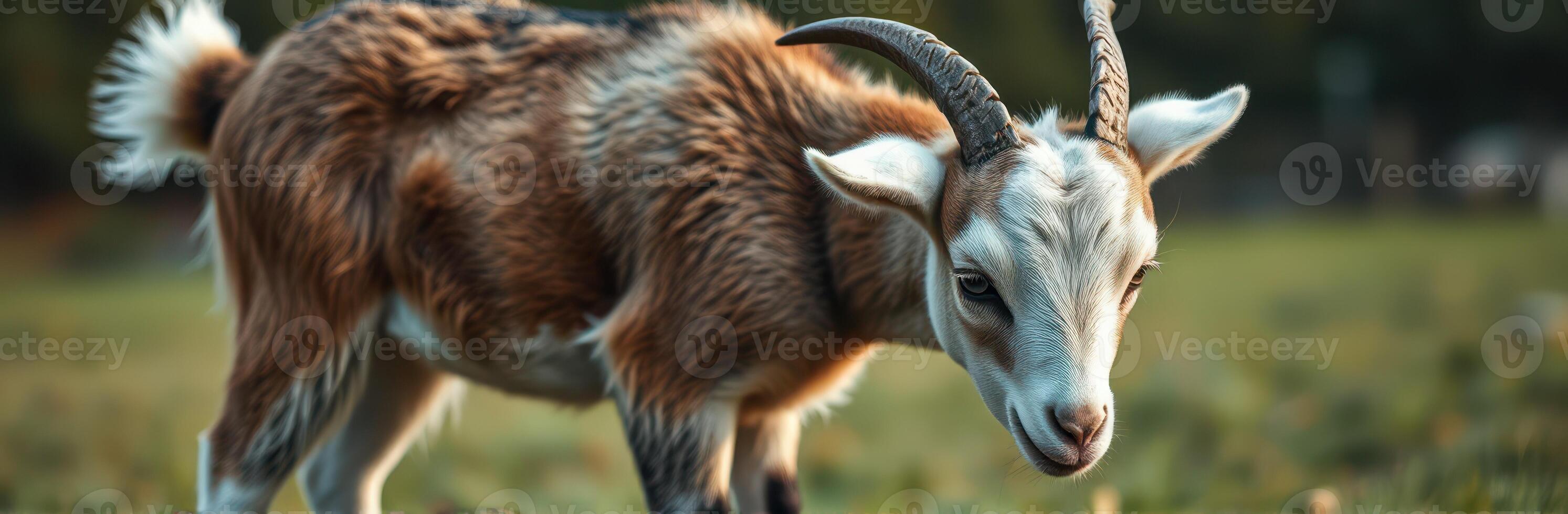 Cute Young Goat Portrait in Nature's Idyllic Setting. Close-Up of Brown and White Furry Coat Under Sunny Day Light photo