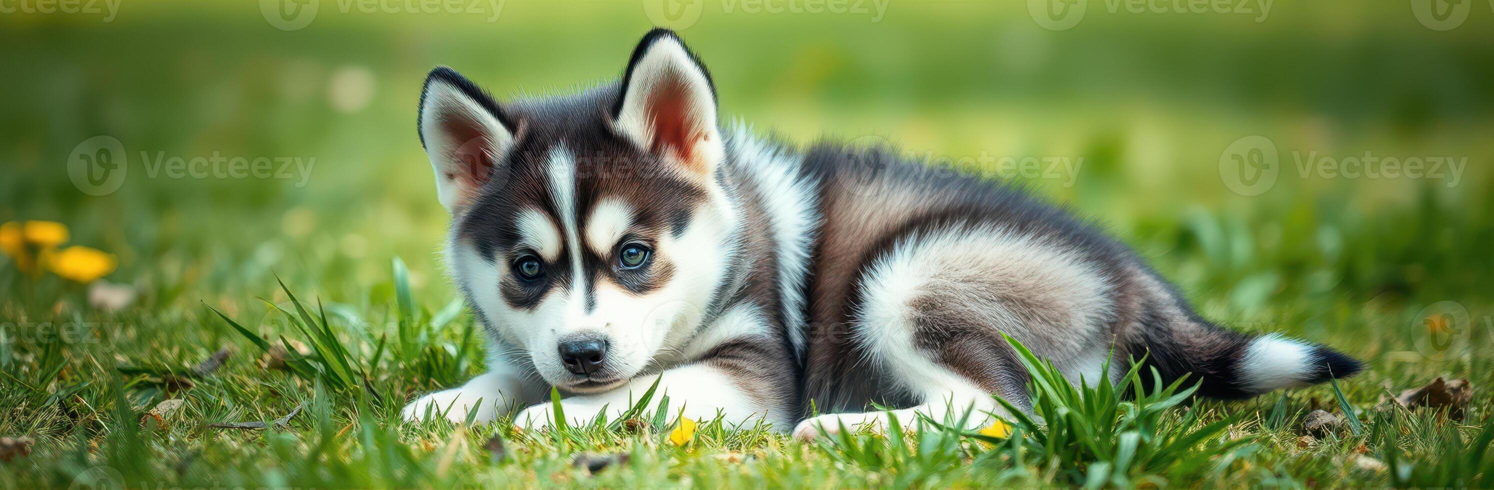 Cute and Adorable Siberian Husky Puppy Resting in Sunlit Grass Field with Wildflowers and Bokeh Background photo