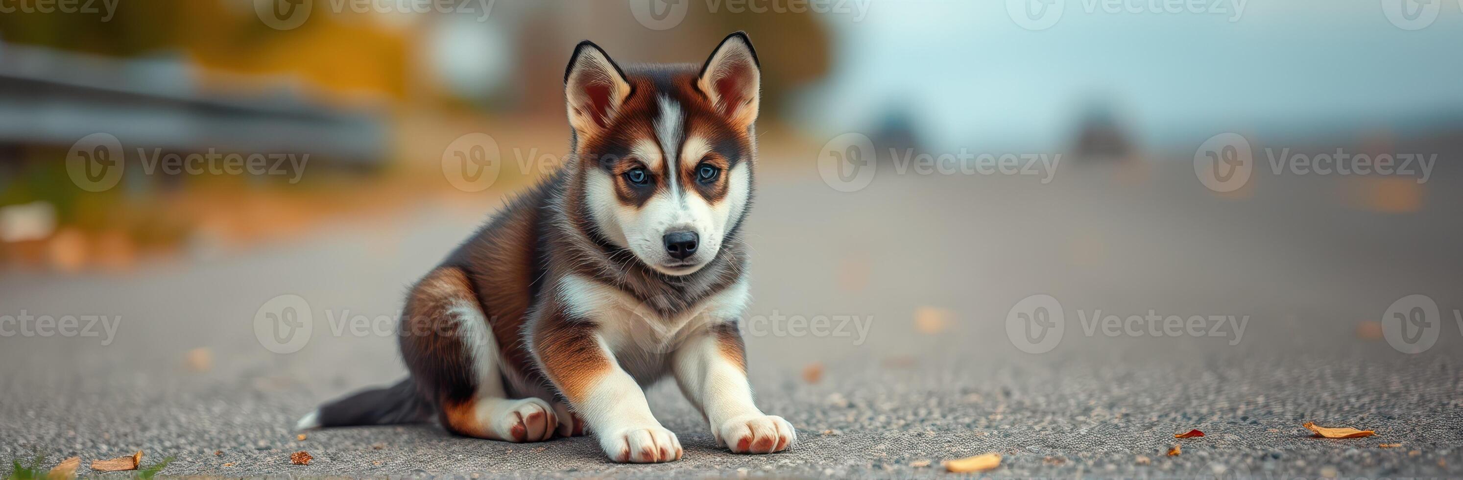 Cute Playful Puppy Portrait. Adorable Siberian Husky Sitting on Autumn Leaves Outdoors with Happy Expression and Furry Tail photo