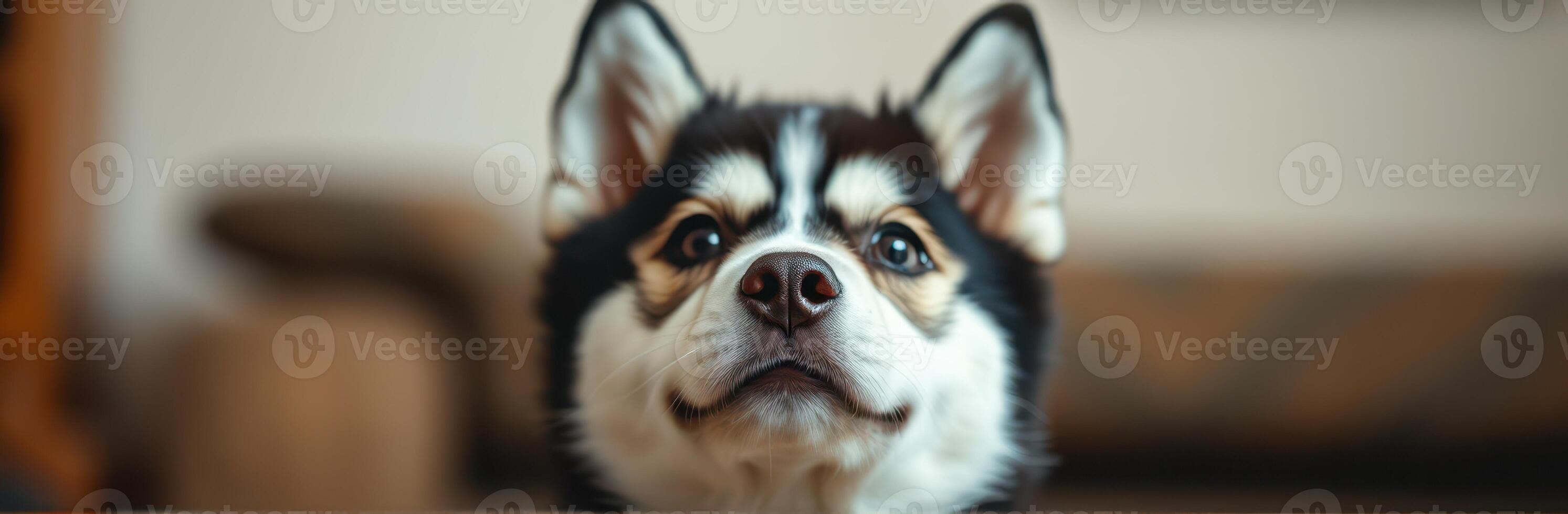 Siberian Husky Puppy Close Up Portrait with Adorable Black and White Fur, Expressive Eyes, and Happy Face photo