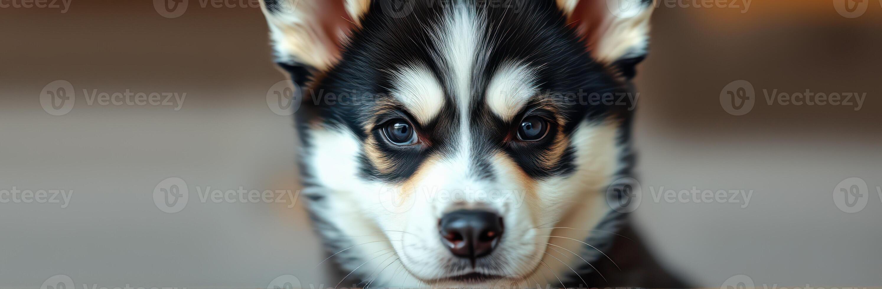 Adorable Close-Up Portrait of a Cute Siberian Husky Puppy with Furry Face and Expressive Eyes in Warm Lighting photo