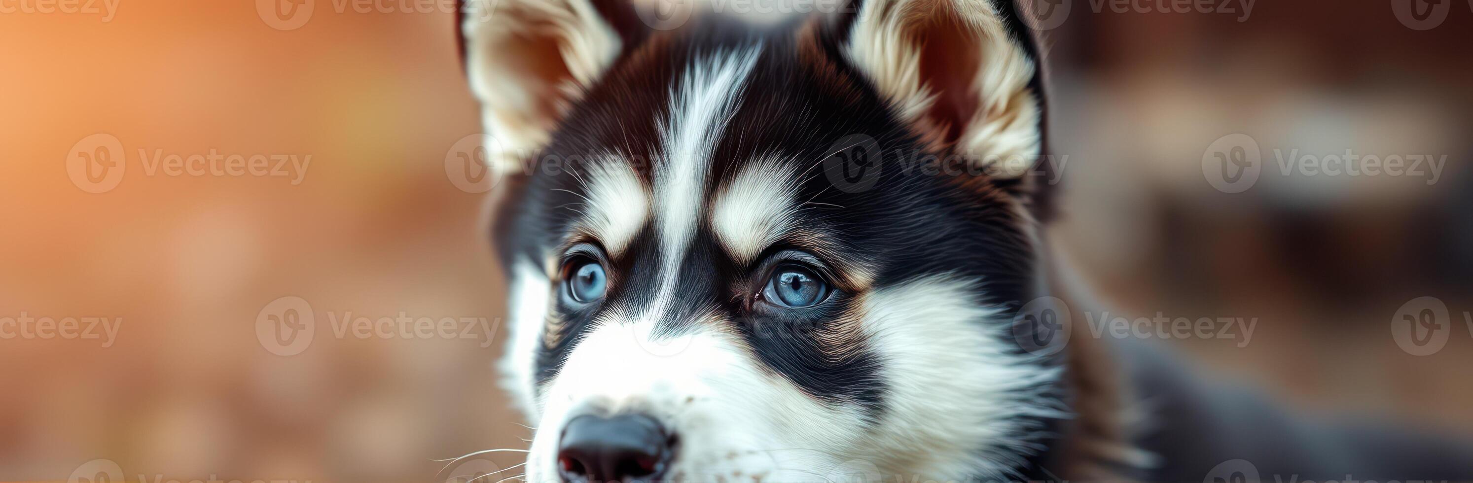 Adorable Close-Up Portrait of Fluffy Siberian Husky Puppy with Stunning Blue Eyes in Charming Outdoor Autumn Setting photo