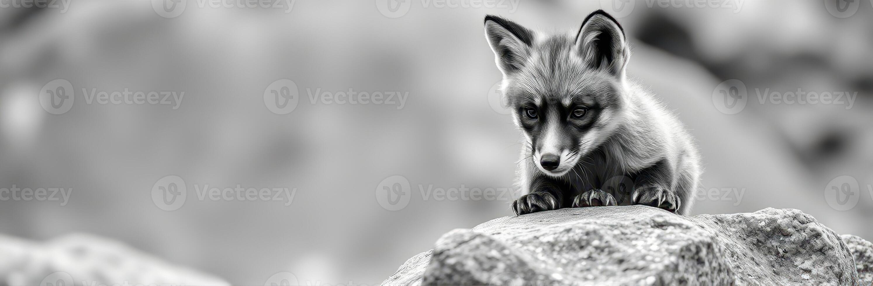 Cute Fox Cub Portrait in Monochrome - Inquisitive Furry Mammal Exploring Nature's Wilderness photo