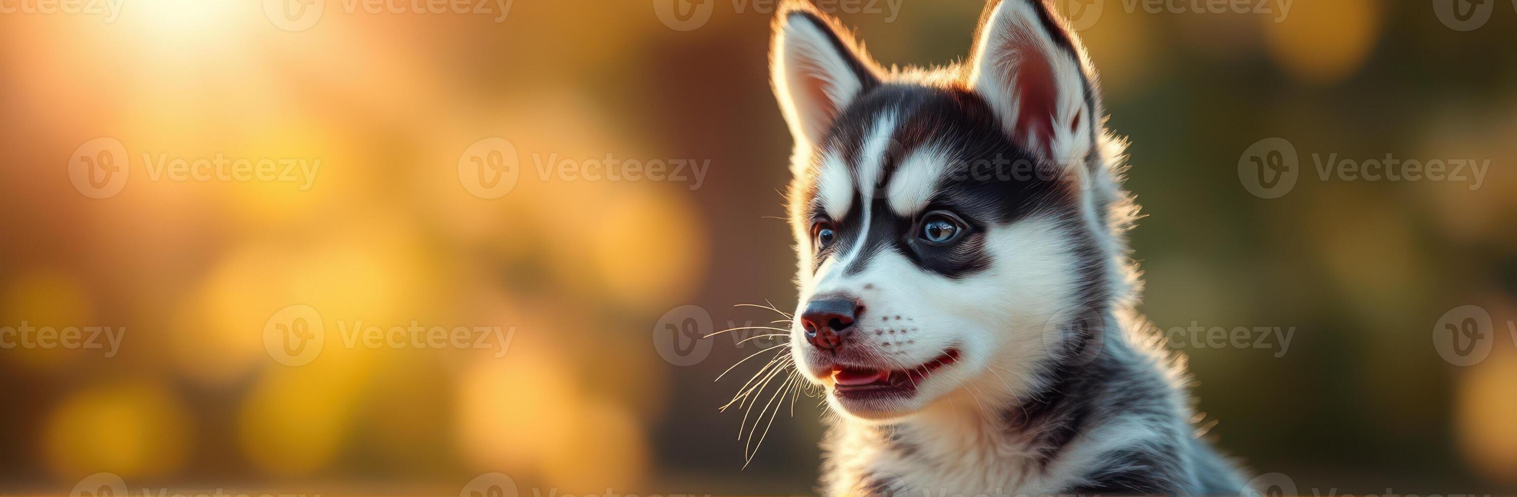 Cute Puppy Portrait Outdoors at Sunset. Adorable Fluffy Husky with Blue Eyes and Happy Expression in Autumn Bokeh Background photo