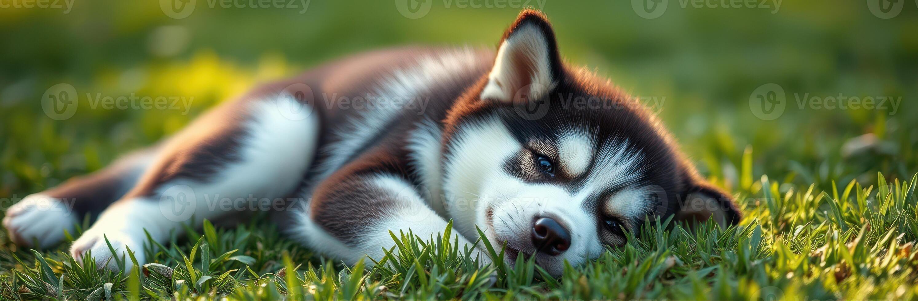 Cute Adorable Puppy Laying in Grass - Relaxed Brown and White Husky Dog Enjoying Sunlight in Nature photo