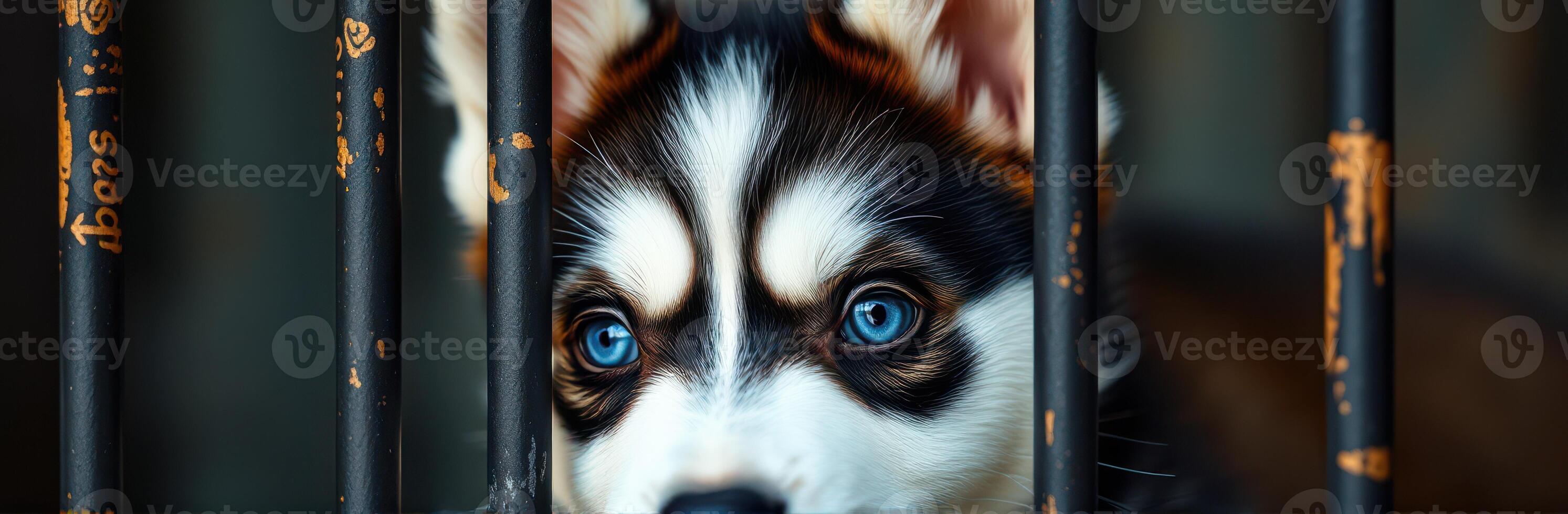 Adorable Puppy with Blue Eyes Longing Behind Bars at Shelter - Cute Furry Friend Portrait photo