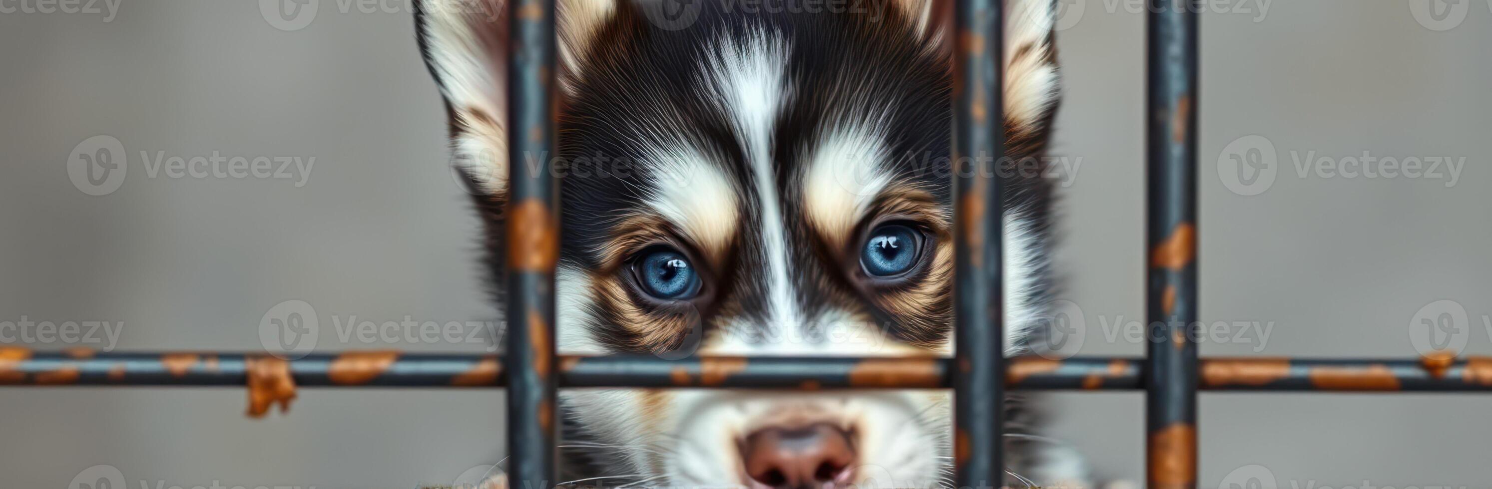 Cute Puppy with Blue Eyes Behind Bars. Adorable Rescue Dog at Shelter Showcasing Innocent Look and Sad Expression photo