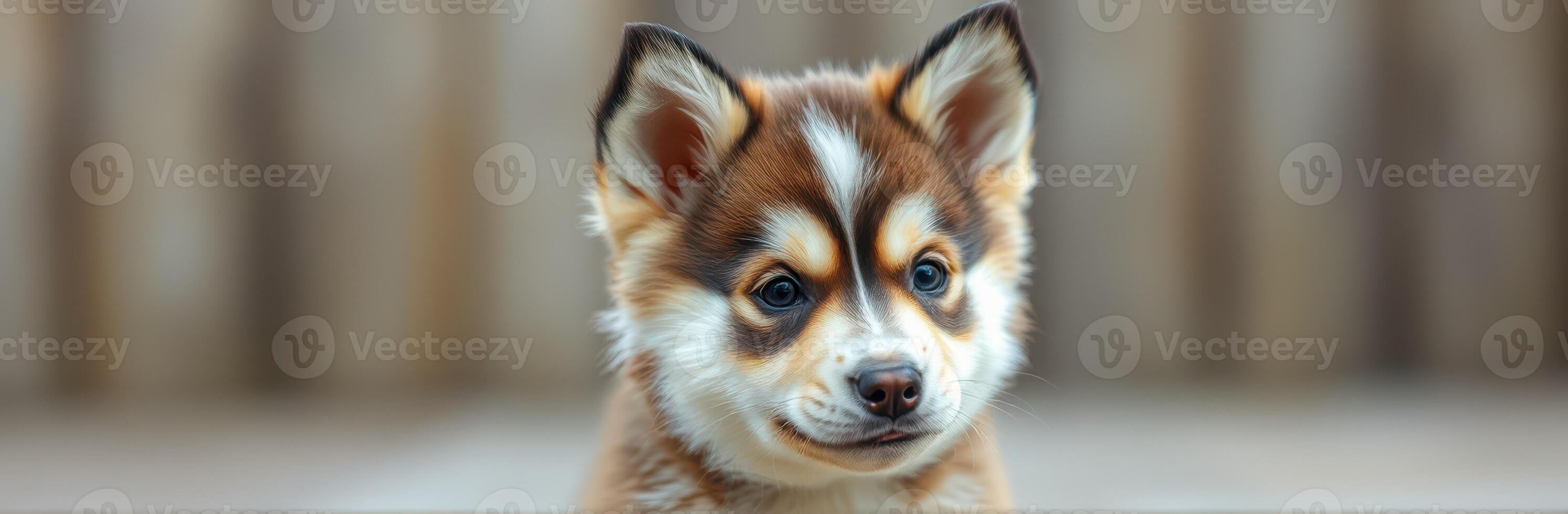 Cute Fluffy Puppy Portrait. Adorable Young Dog with Charming Expression and Wagging Tail Indoors photo
