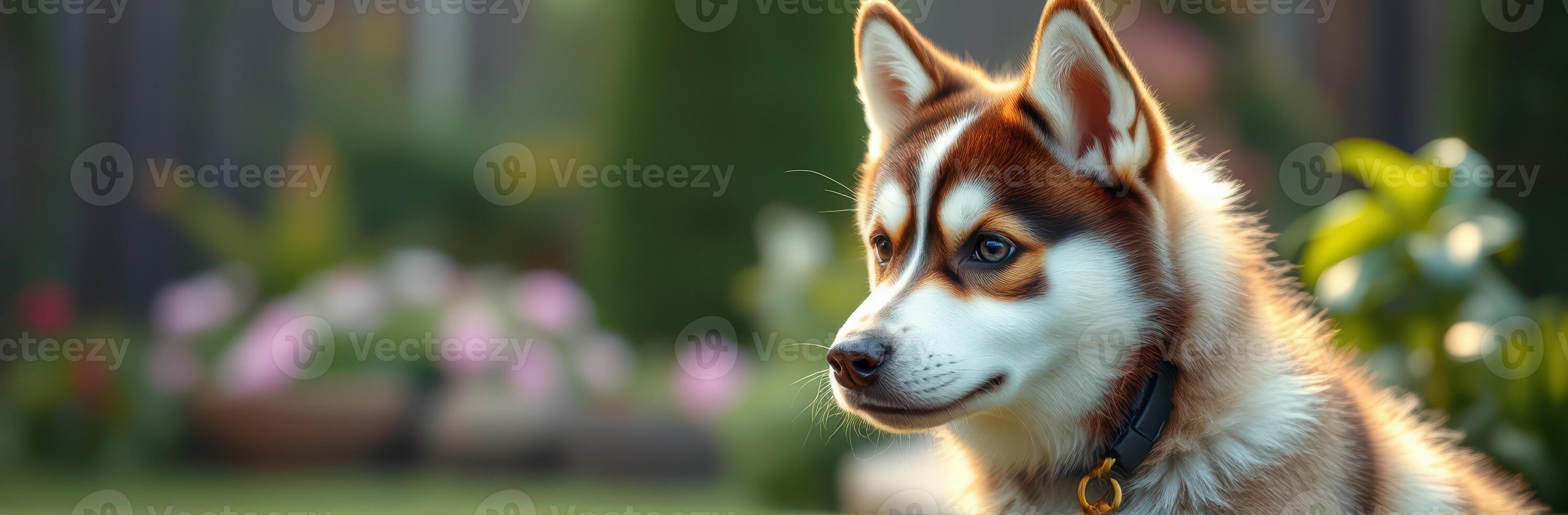 Siberian Husky Puppy Portrait in a Vibrant Garden Setting with Warm Sunlight and Blurred Background photo