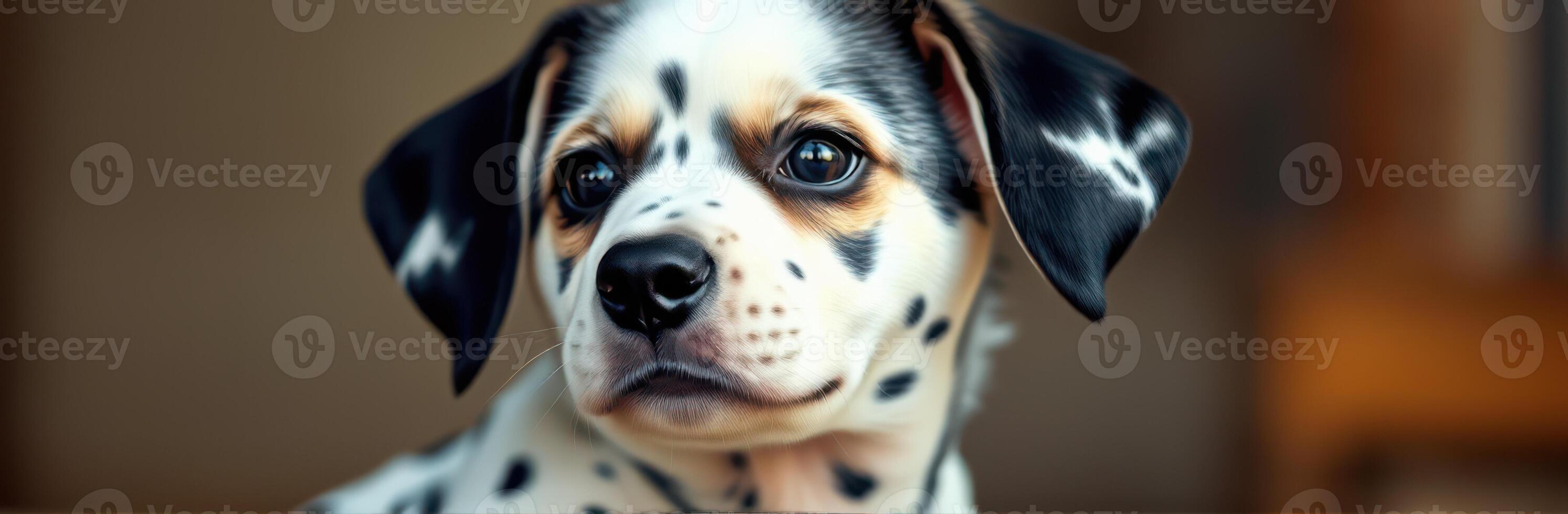 Cute Puppy Dog Portrait with Playful Expression and Bokeh Background - Adorable Domestic Animal Close-Up in Warm Colors photo