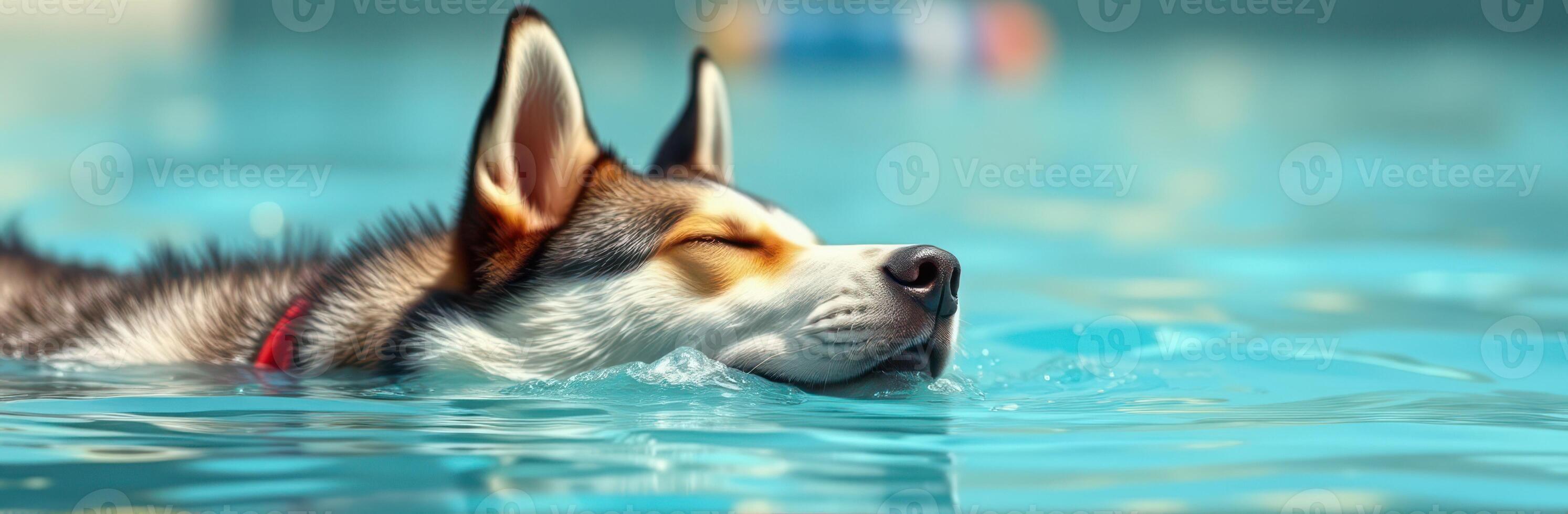 Relaxed Husky Dog Swimming and Floating in a Refreshing Blue Pool Under Sunlight on a Warm Summer Day photo