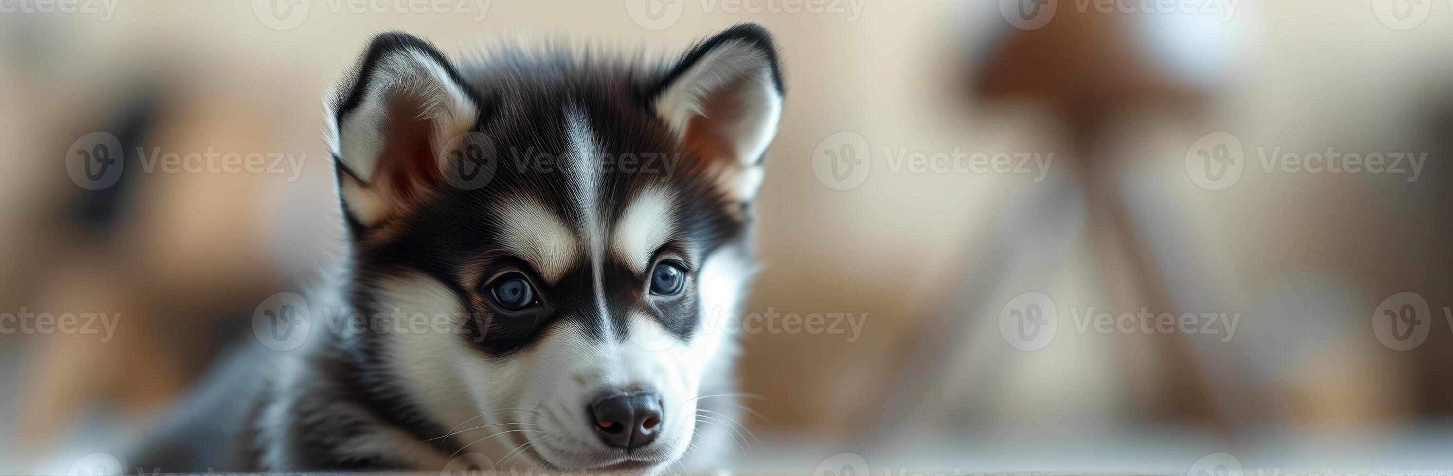 Adorable Fluffy Puppy Face. Close-Up of a Cute Siberian Husky in Natural Light with Playful Expression photo