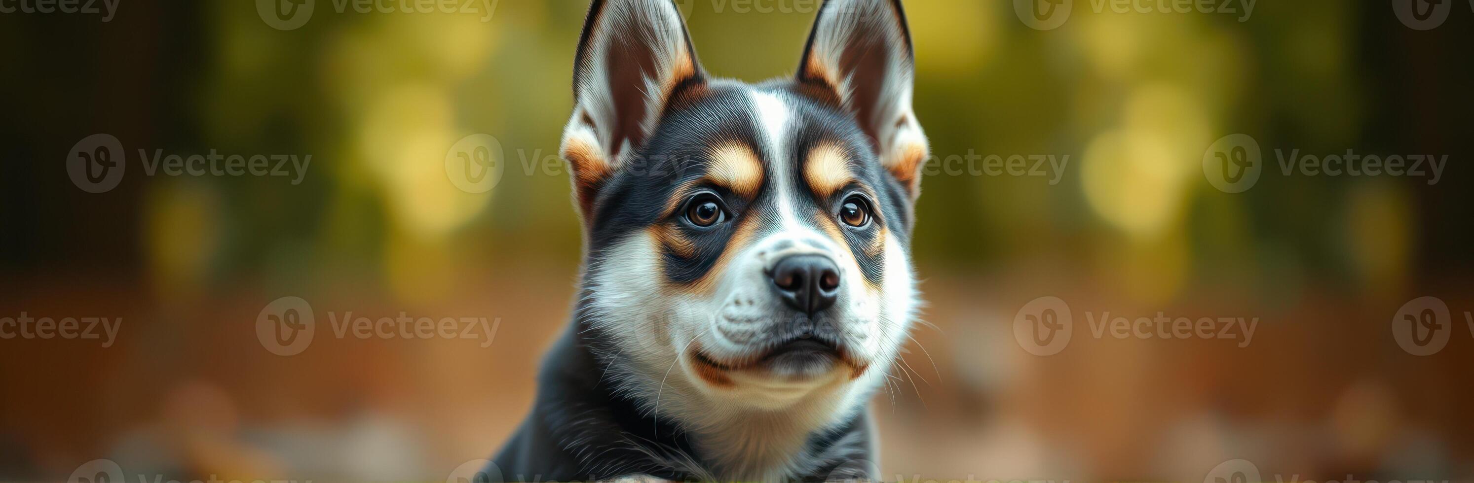Cute and Adorable Puppy Portrait in Green Garden with Nature Light and Bokeh Background photo
