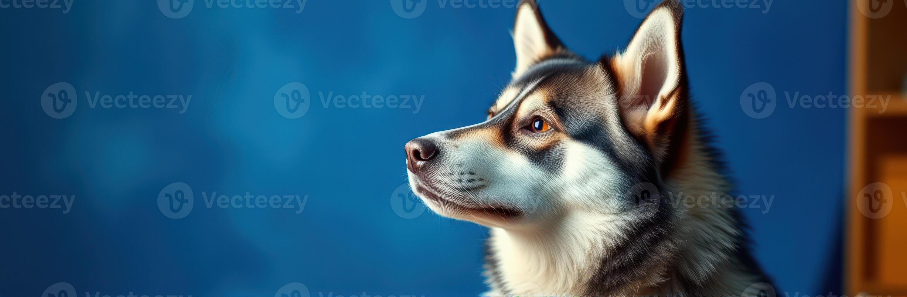 Happy Siberian Husky Portrait on Blue Background - Close-Up of Loyal Canine Companion with Fluffy Fur and Alert Expression photo