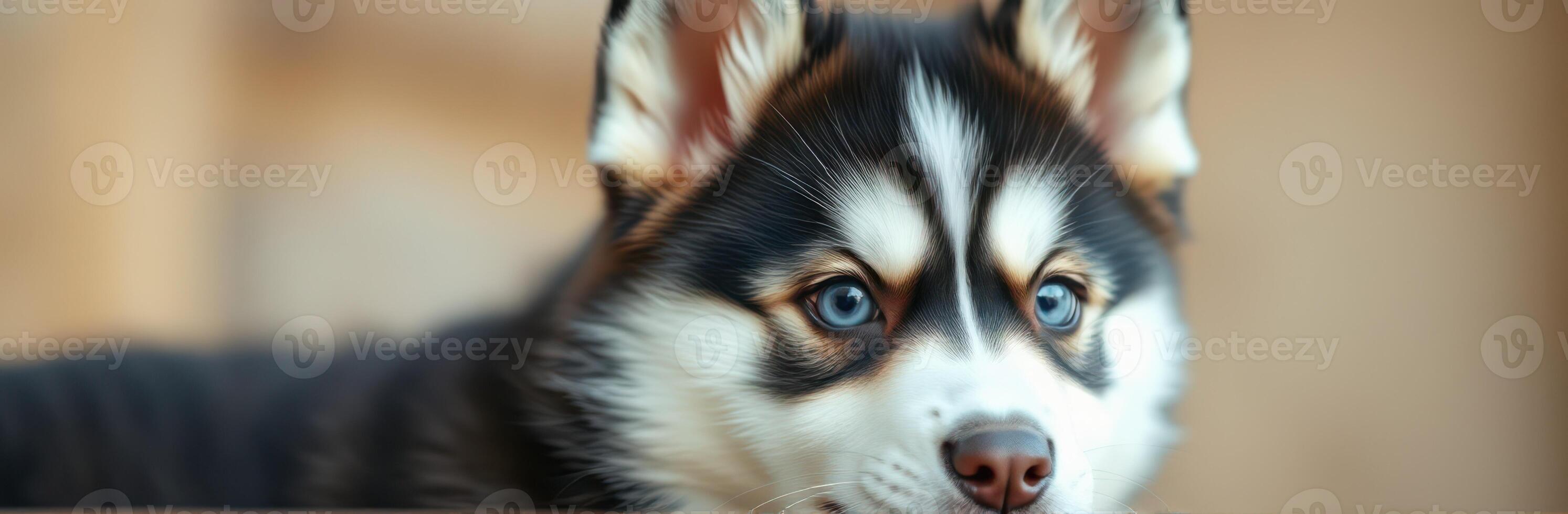 Cute Adorable Puppy Husky with Blue Eyes in Close-Up Portrait - Fluffy Black and White Domestic Dog with Sweet Expression and Friendly Paws photo