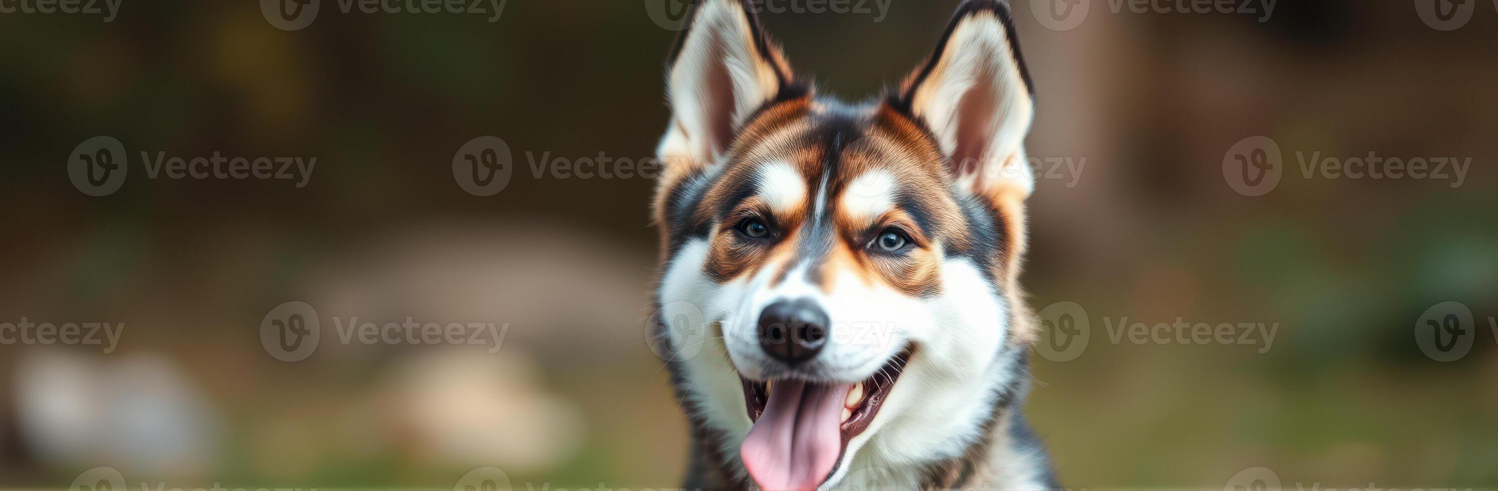 Cute Smiling Husky Mixed Breed Dog Portrait with Blue Eyes and Playful Expression in Natural Outdoor Setting photo