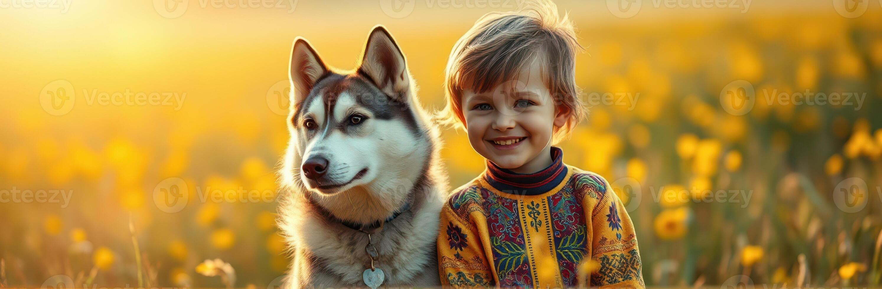 Happy Child and Playful Siberian Husky in Blooming Field of Yellow Flowers - Joyful Friendship Portrait in Nature with Sunshine photo