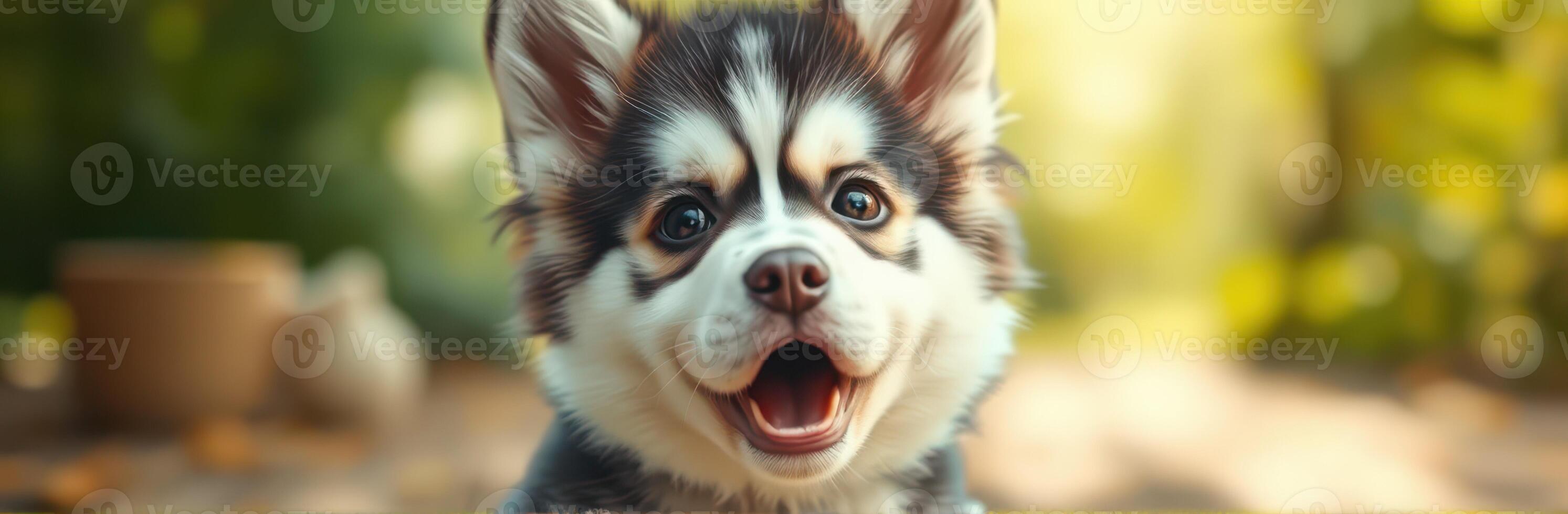 Cute and Playful Siberian Husky Puppy with Fluffy Fur and Happy Expression in a Sunlit Nature Setting photo