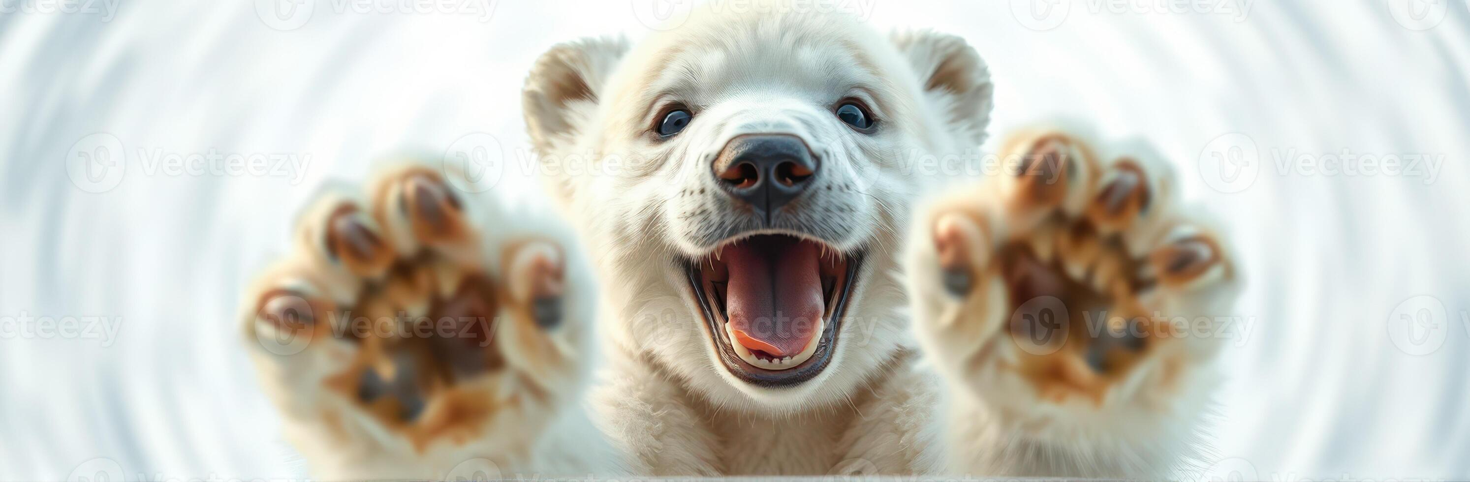 Cute Polar Bear Cub With Playful Smile in Front View - Adorable Wildlife Photography Capturing Pure Joy in Arctic Nature photo