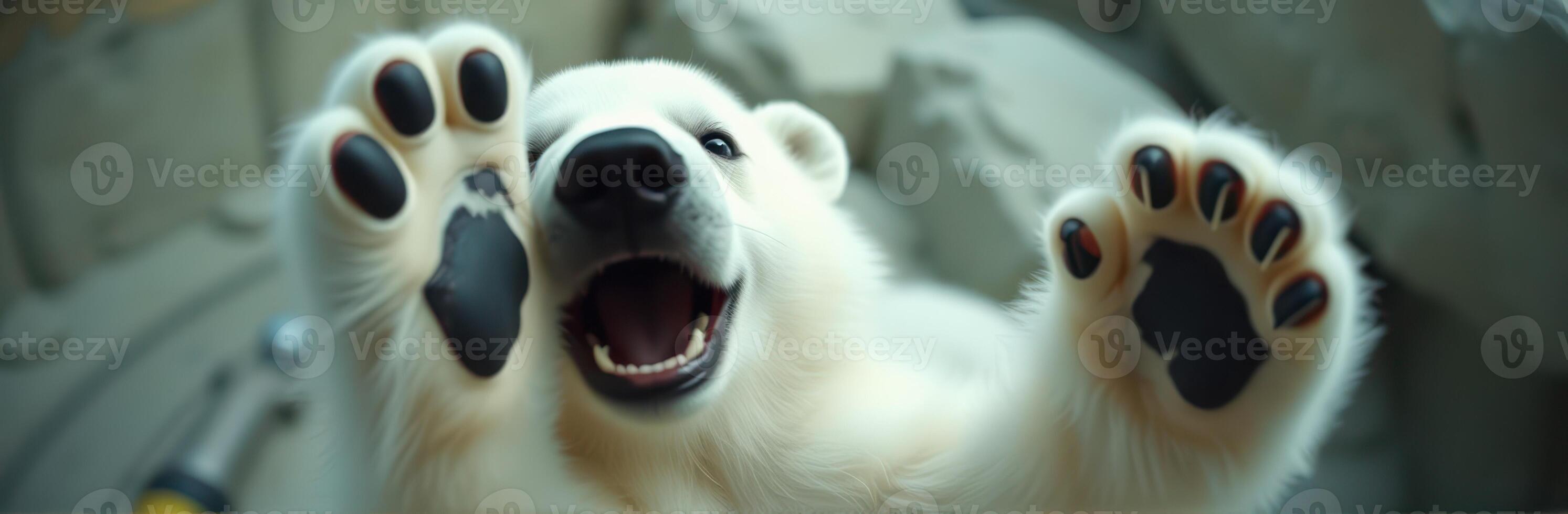 Cute Playful Polar Bear Close-Up. Adorable Arctic Animal Yawning with Fluffy Fur and Happy Expression in Wildlife Photography photo