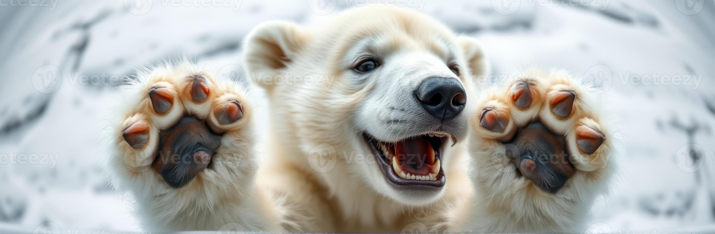 Polar Bear Cub Captivating Close-Up in Snowy Arctic Wildlife Scene photo