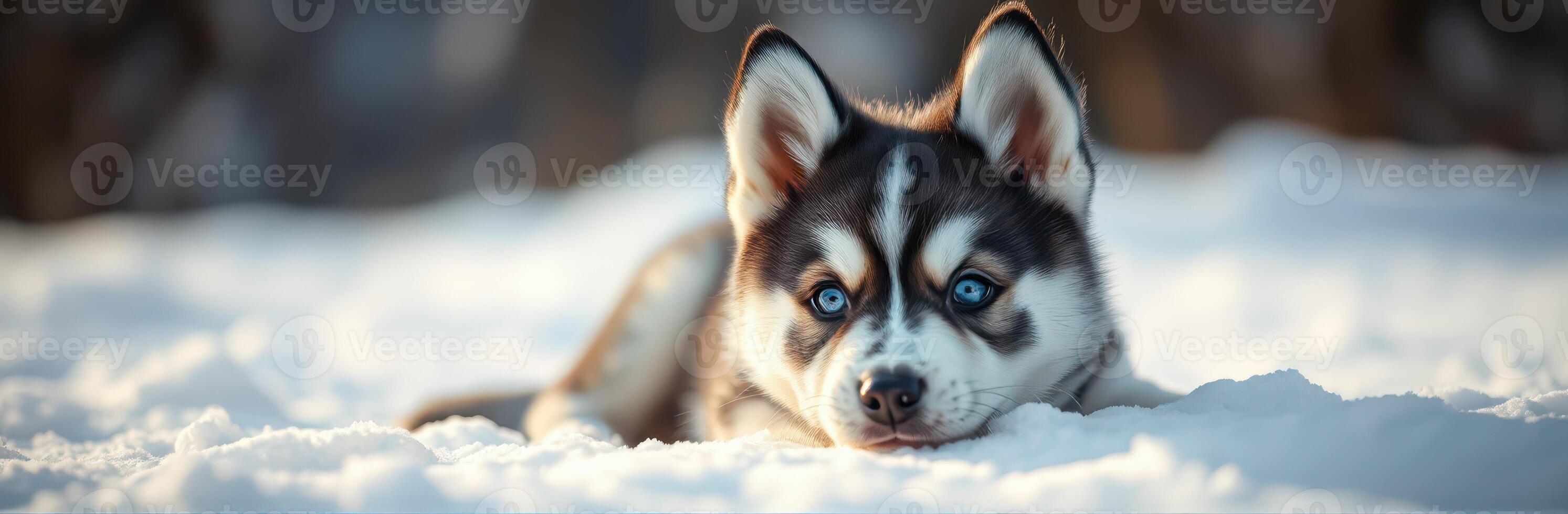 Cute Playful Husky Puppy with Blue Eyes Resting in Snowy Winter Wonderland photo