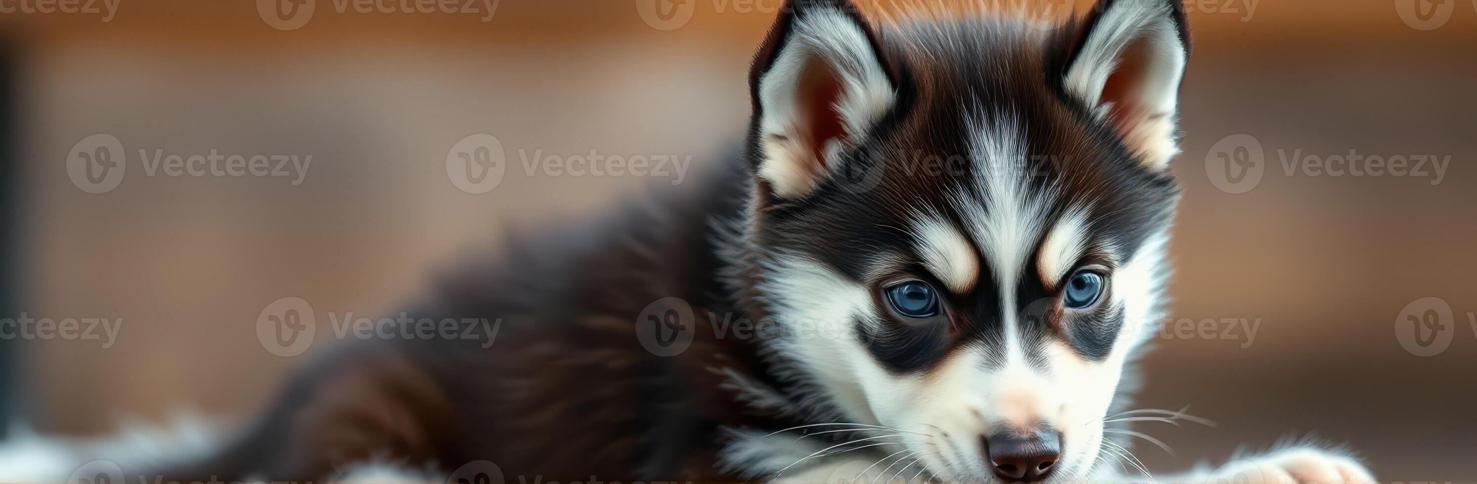 Cute Adorable Puppy Close-Up of Fluffy Blue-Eyed Siberian Husky Playing Indoors with Charming Expression and Sweet Face photo