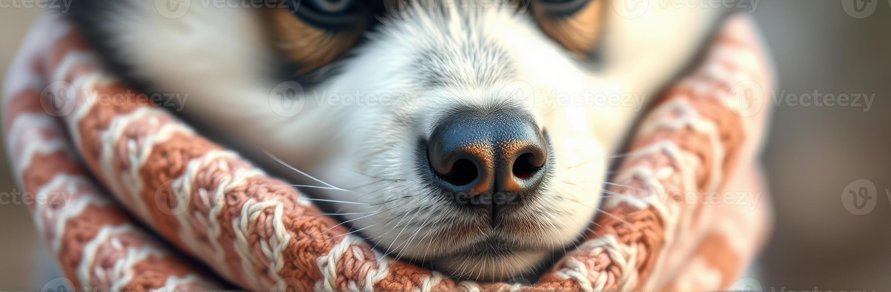 Cozy Dog Portrait in a Knitted Scarf. Close-Up of Adorable Canine's Nose and Eyes in Winter Fashion photo