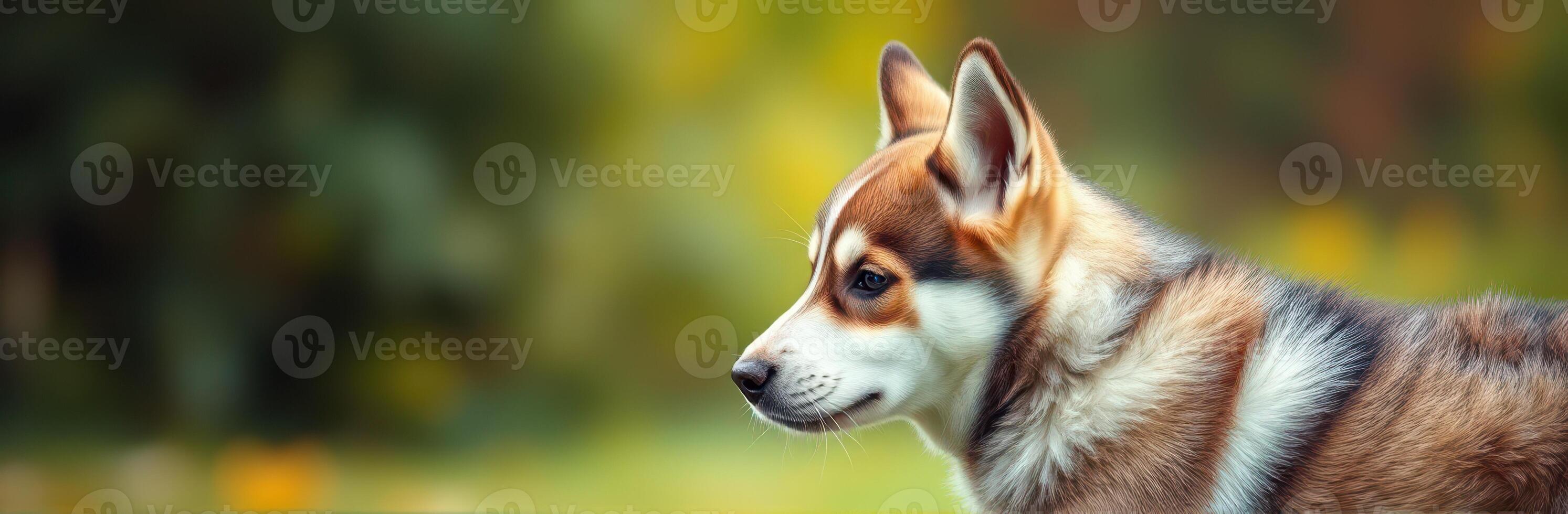 Adorable Siberian Husky Puppy Portrait with Beautiful Brown and White Markings in Nature Background photo