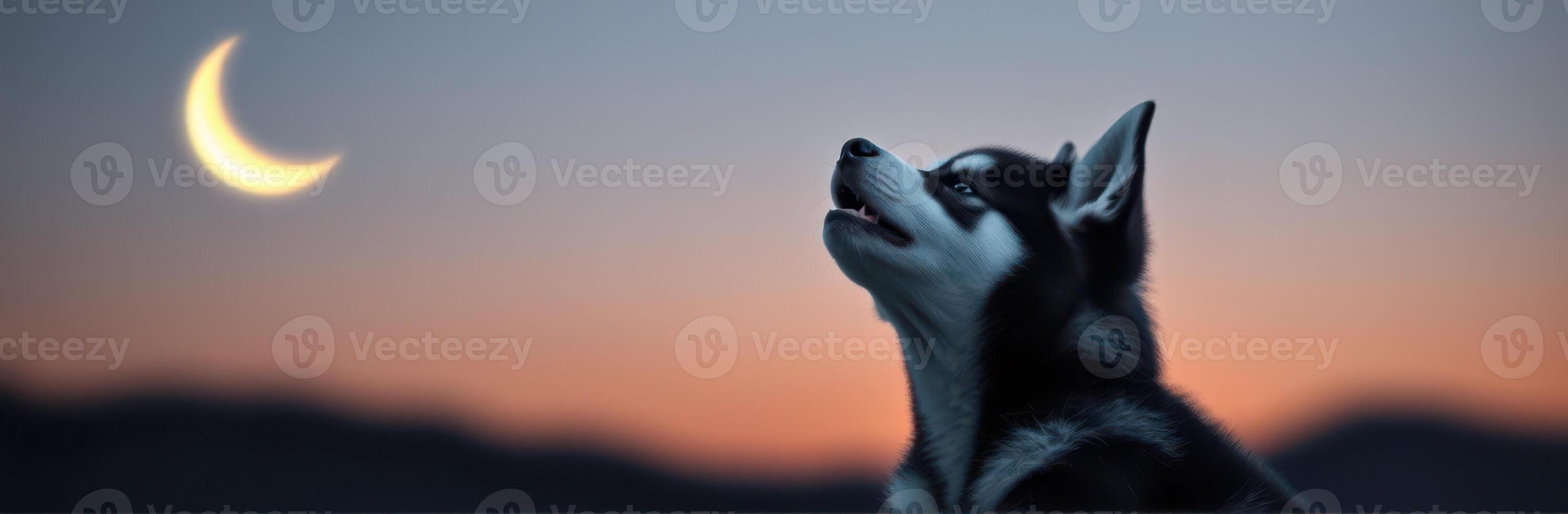 Husky Puppy Howling at the Crescent Moon. A Mystic Twilight Landscape with Serene Mountains and Beautiful Pastel Colors photo