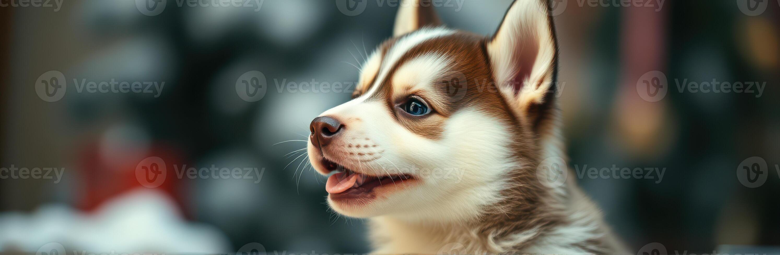 Cute and Adorable Siberian Husky Puppy Portrait with Tongue Out in Outdoor Bokeh Background photo
