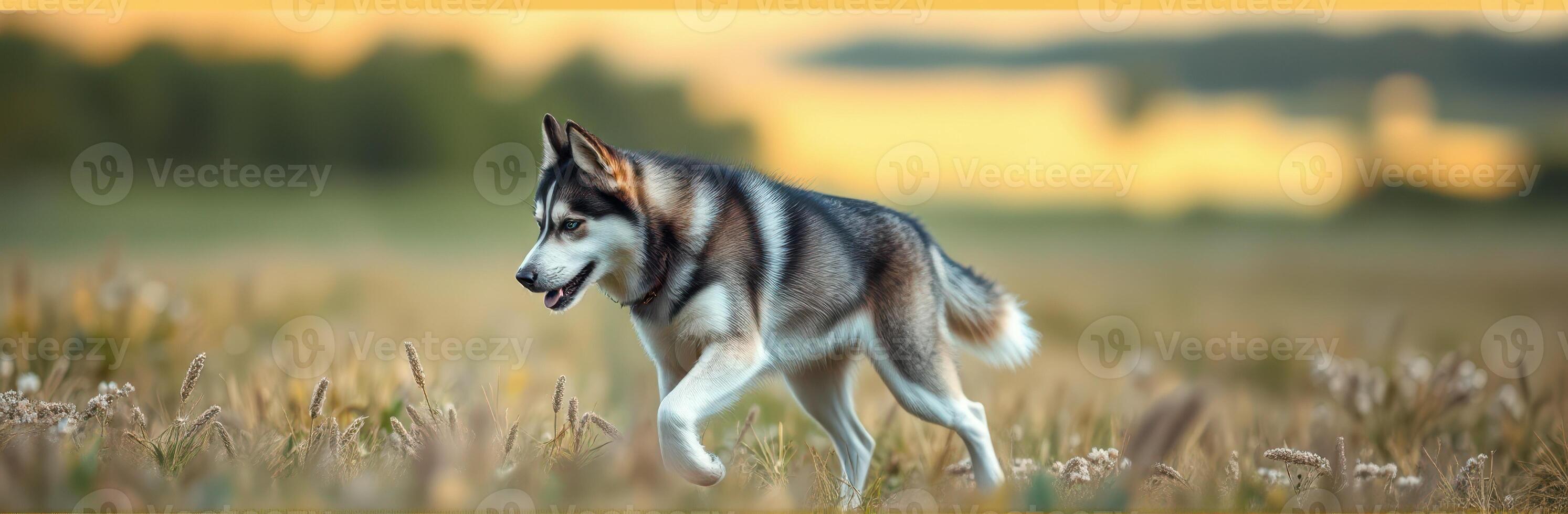 Majestic Siberian Husky Posing Playfully in a Scenic Field at Sunset - Energetic Canine Wildlife Adventure in Nature's Golden Hour photo
