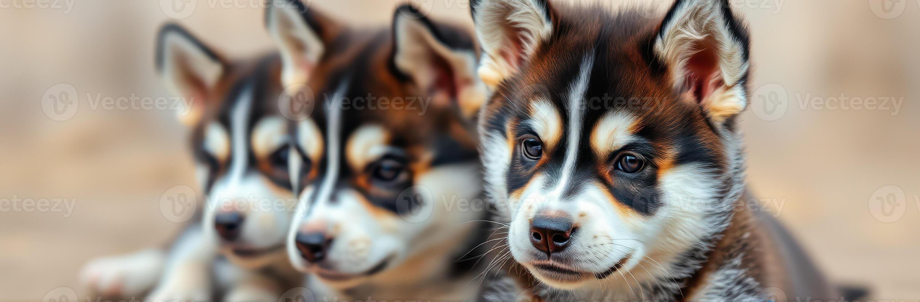 Cute and Adorable Puppies. Playful Husky Dogs in Nature with Fluffy Fur and Vibrant Expressions photo
