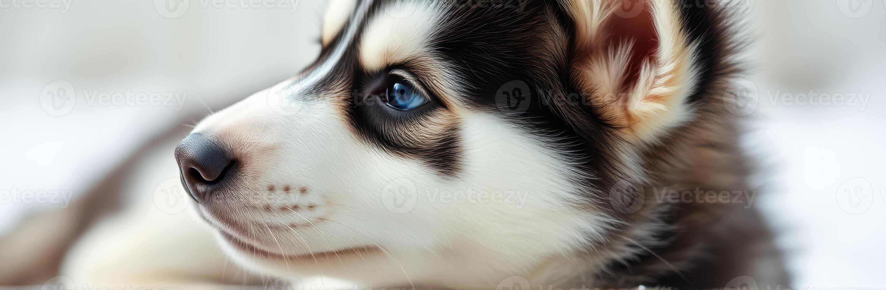 Cute Adorable Siberian Husky Puppy with Blue Eyes - Closeup Profile on White Background photo