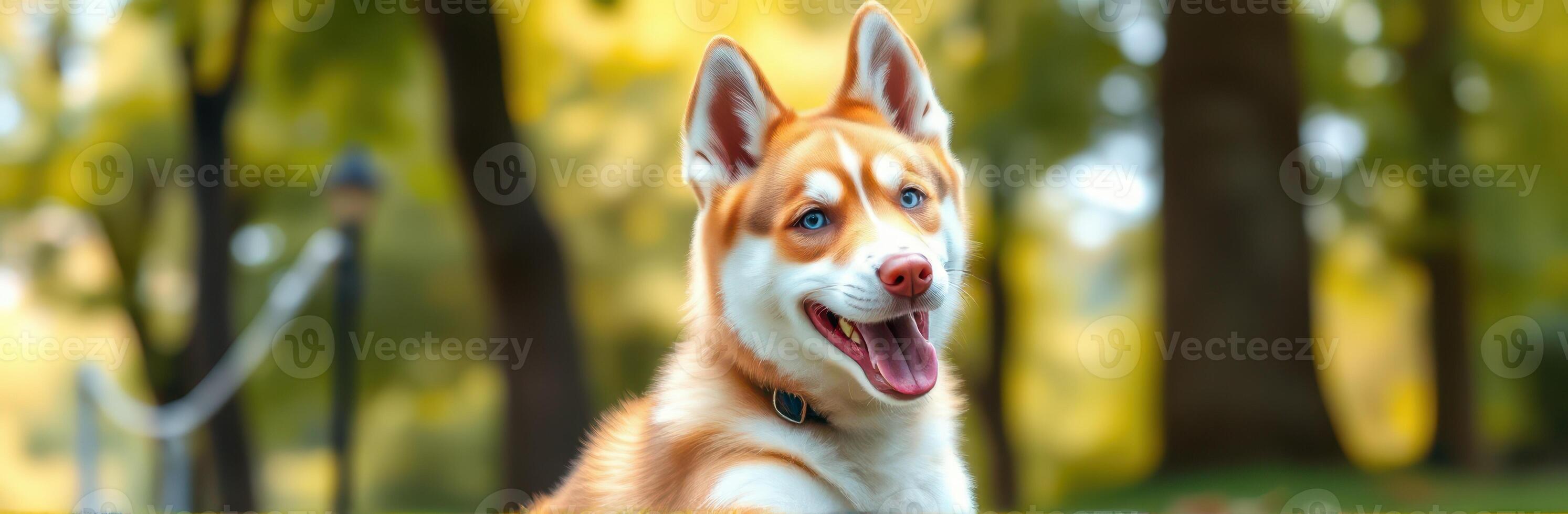 Siberian Husky with Blue Eyes and Red Coat Enjoying Outdoor Play in a Sunny Forest with Autumn Leaves photo