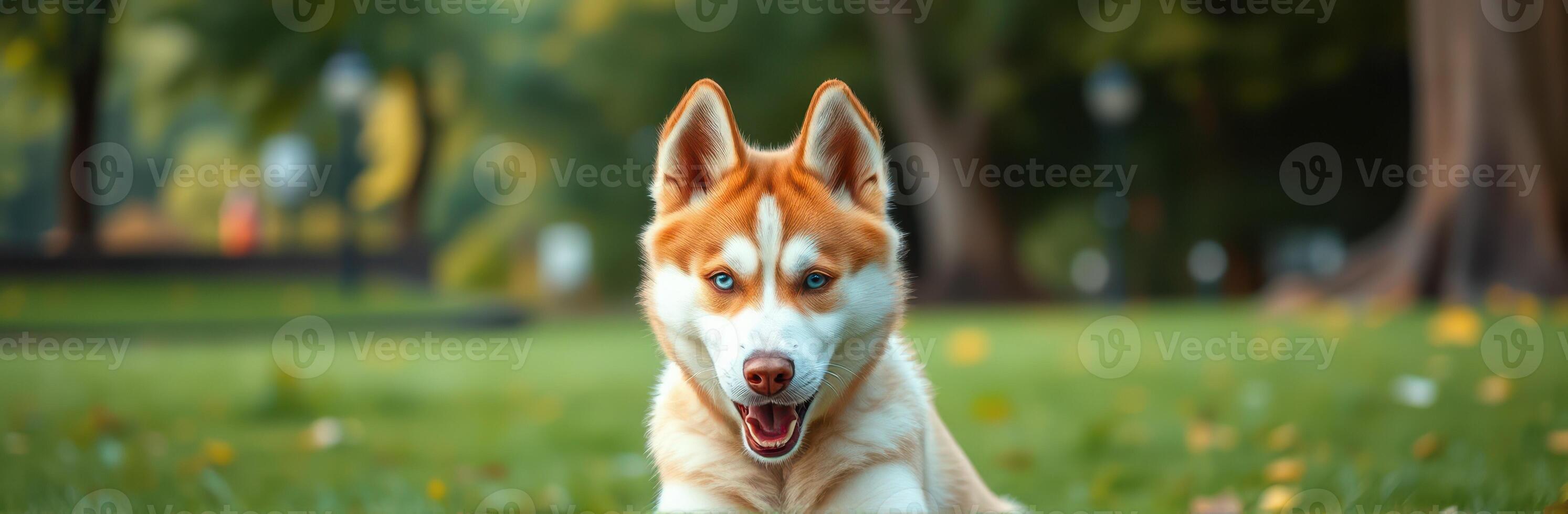 Siberian Husky with Blue Eyes Relaxing in Grassy Park Setting on a Sunny Autumn Day photo