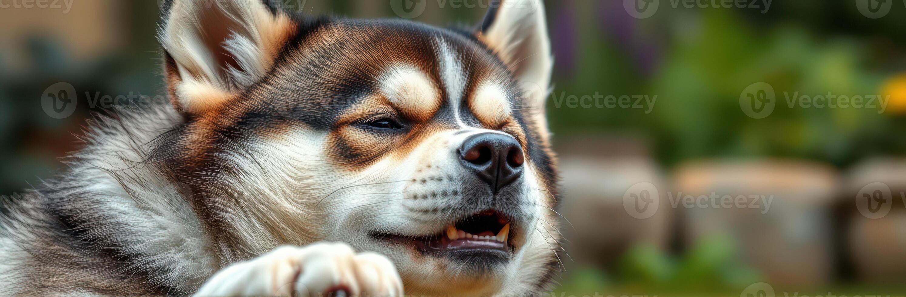 Cute and Playful Siberian Husky Puppy in Nature - Adorable Furry Companion Sniffing Outdoors in a Garden Scene photo