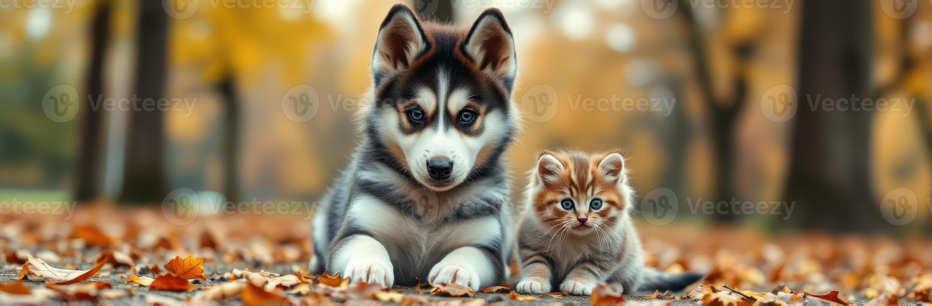 Puppy and Kitten Together in Autumn Leaves. Adorable Furry Friends in a Natural Setting photo