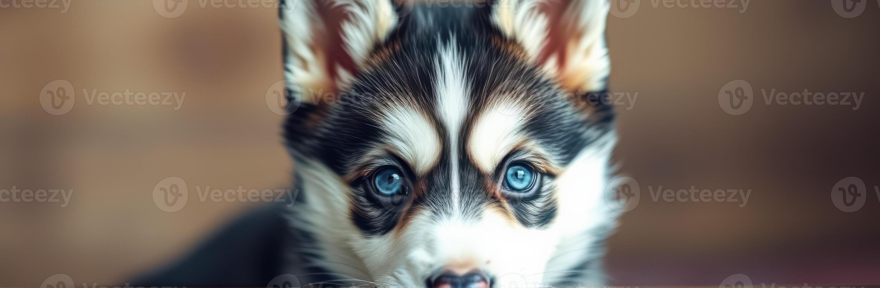 Cute Blue-Eyed Siberian Husky Puppy Portrait with Happy Expressions and Fluffy Fur on a Brown Background photo