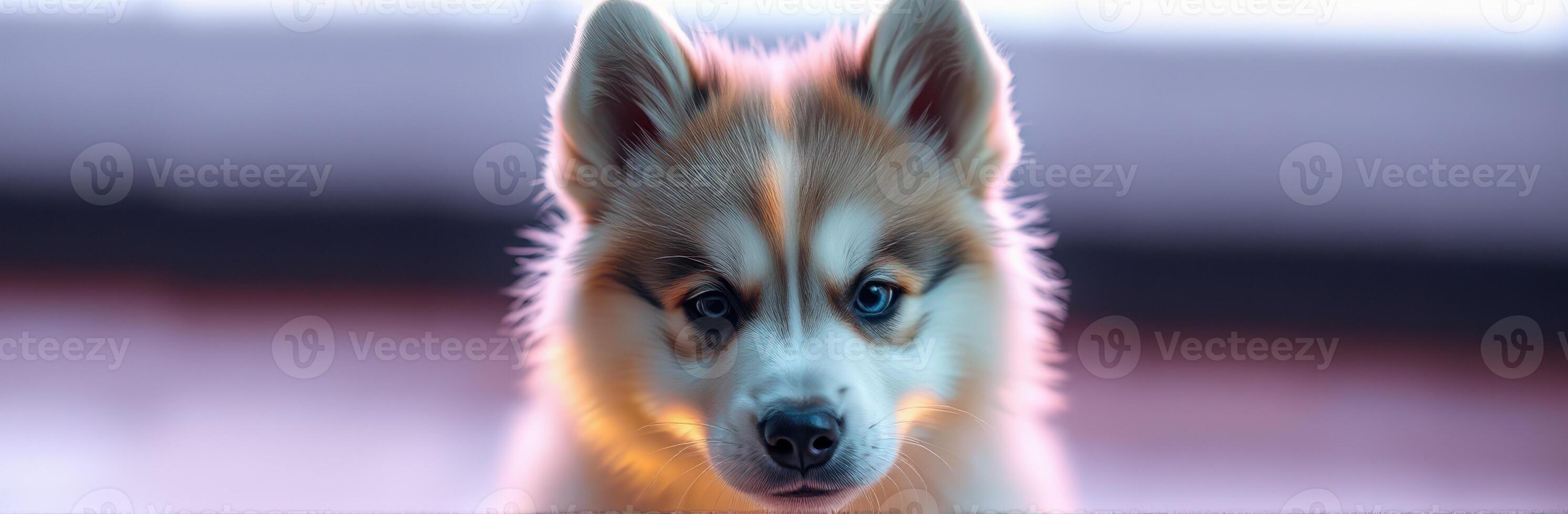 Cute Adorable Puppy Close-Up Portrait in Soft Light with Furry Friend and Warm Colors photo