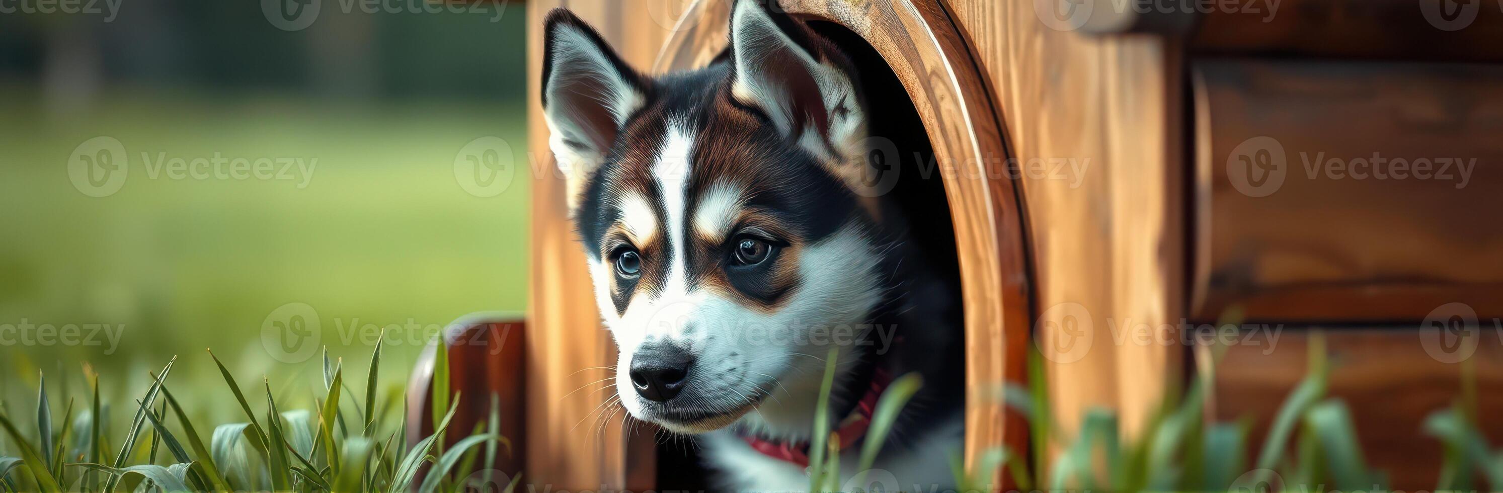 Cute Adorable Mixed Breed Puppy Husky Portrait Outdoors in Wooden Dog House with Colorful Eyes and Playful Expression photo
