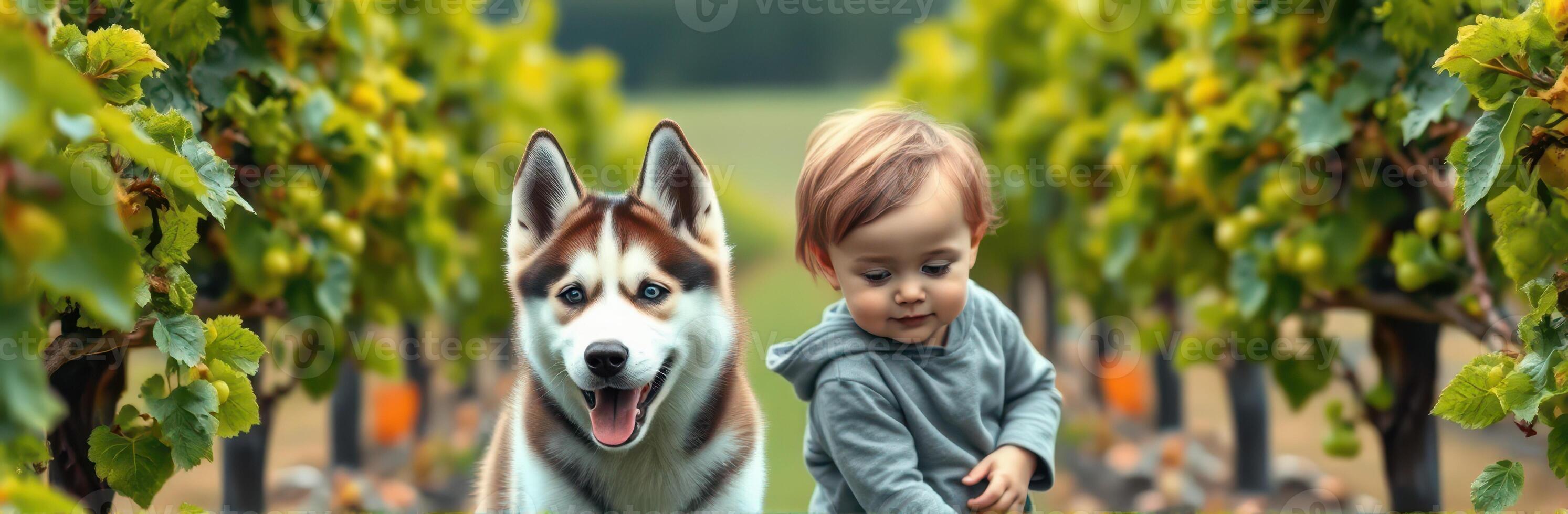 Toddler Boy Playing Happily with Puppy in Lush Vineyard Outdoors - Joyful Friendship and Exploration in Nature photo