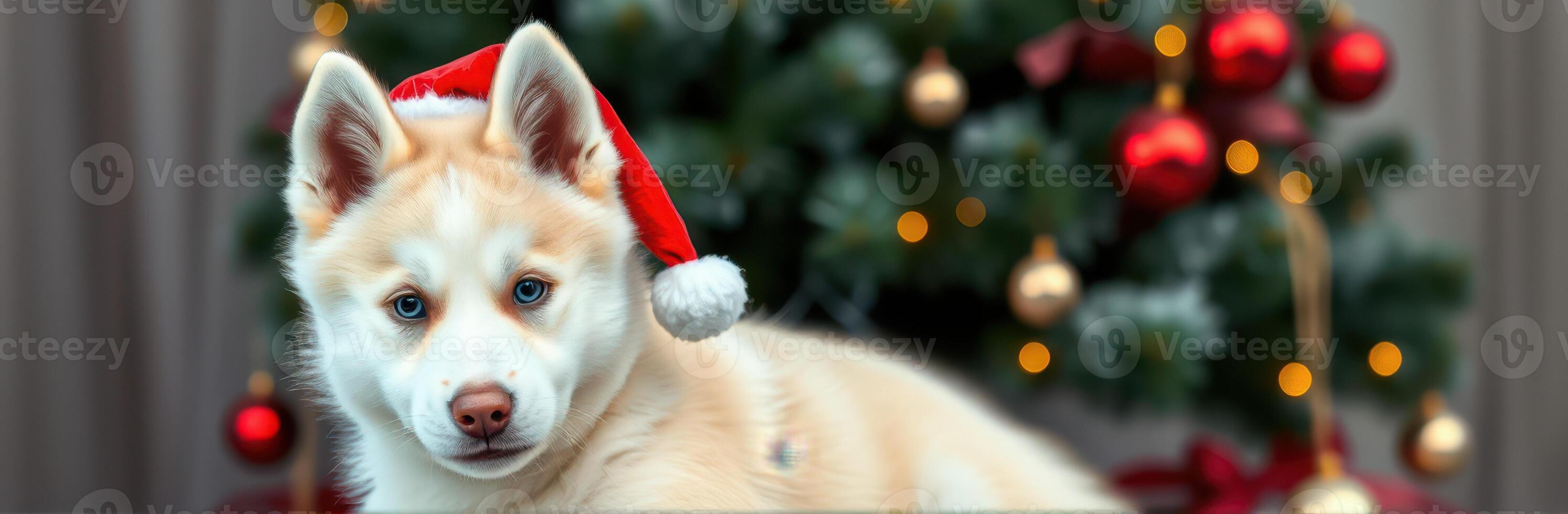 Siberian Husky Puppy in Santa Hat Beside Christmas Tree with Festive Decorations and Bokeh Lights photo