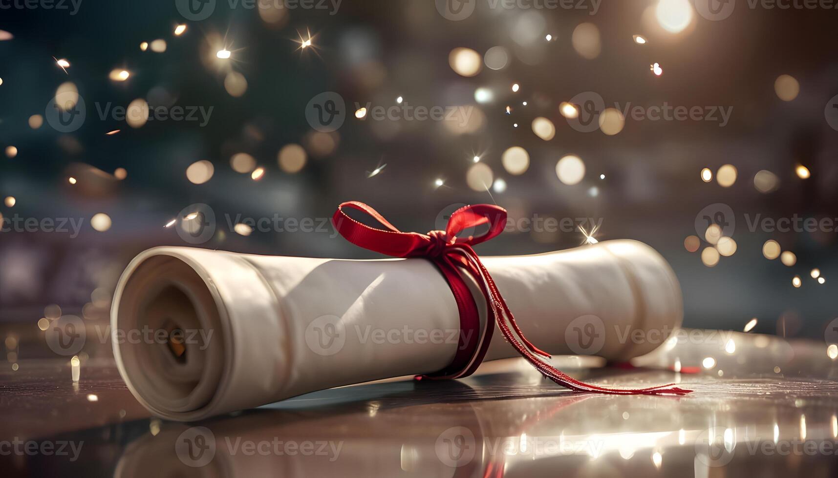 A diploma is wrapped with a red ribbon and lit with sparkles photo