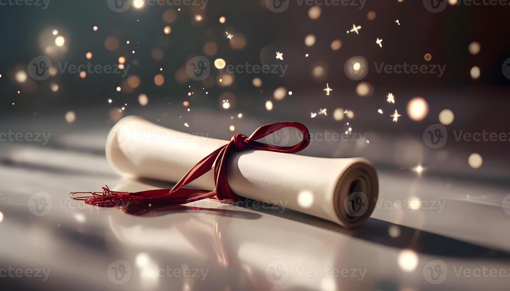 A diploma is wrapped with a red ribbon and a sparkly background photo