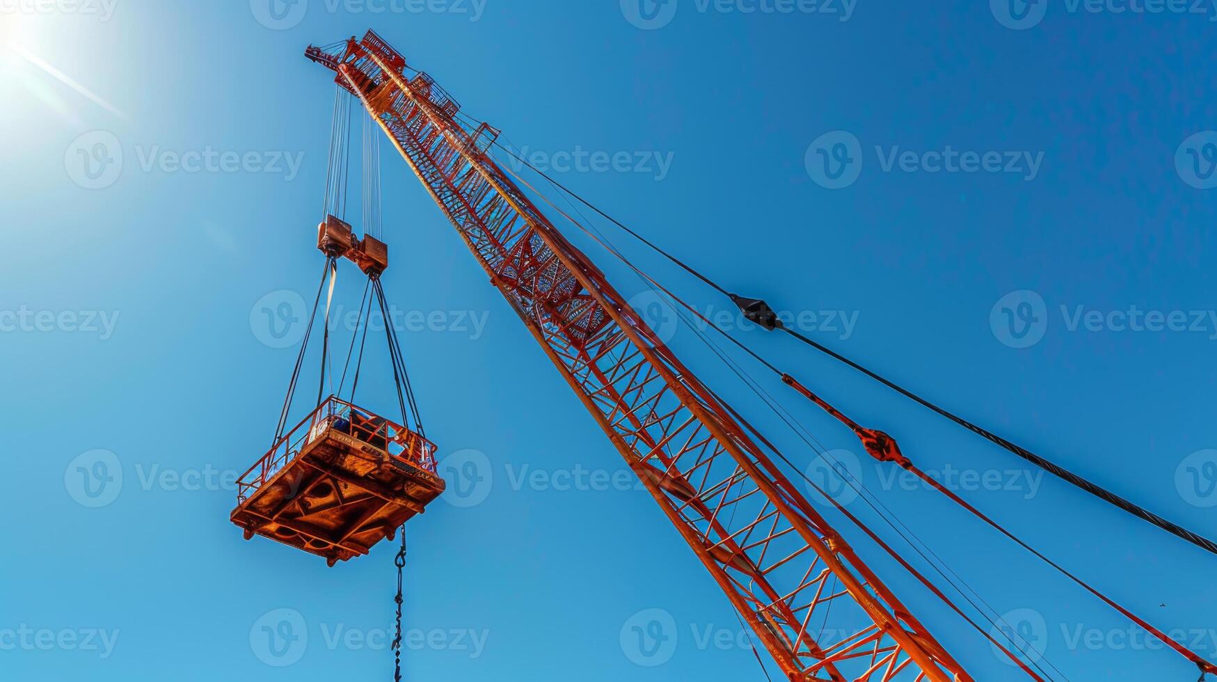 A tall construction crane stands prominently against a clear blue sky, actively lifting heavy materials at a construction site during daytime operations. photo