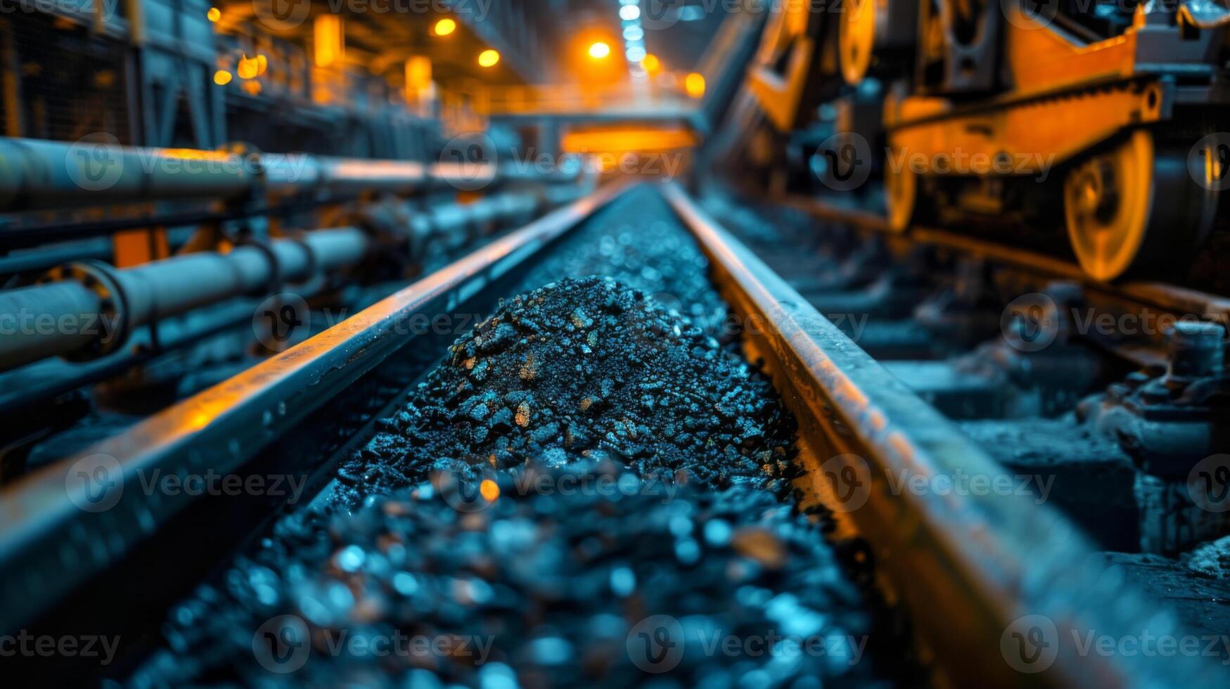 Coal is being moved along railway tracks inside an underground mine, illuminated by artificial lights to enhance visibility of the operation. Heavy machinery is present nearby. photo