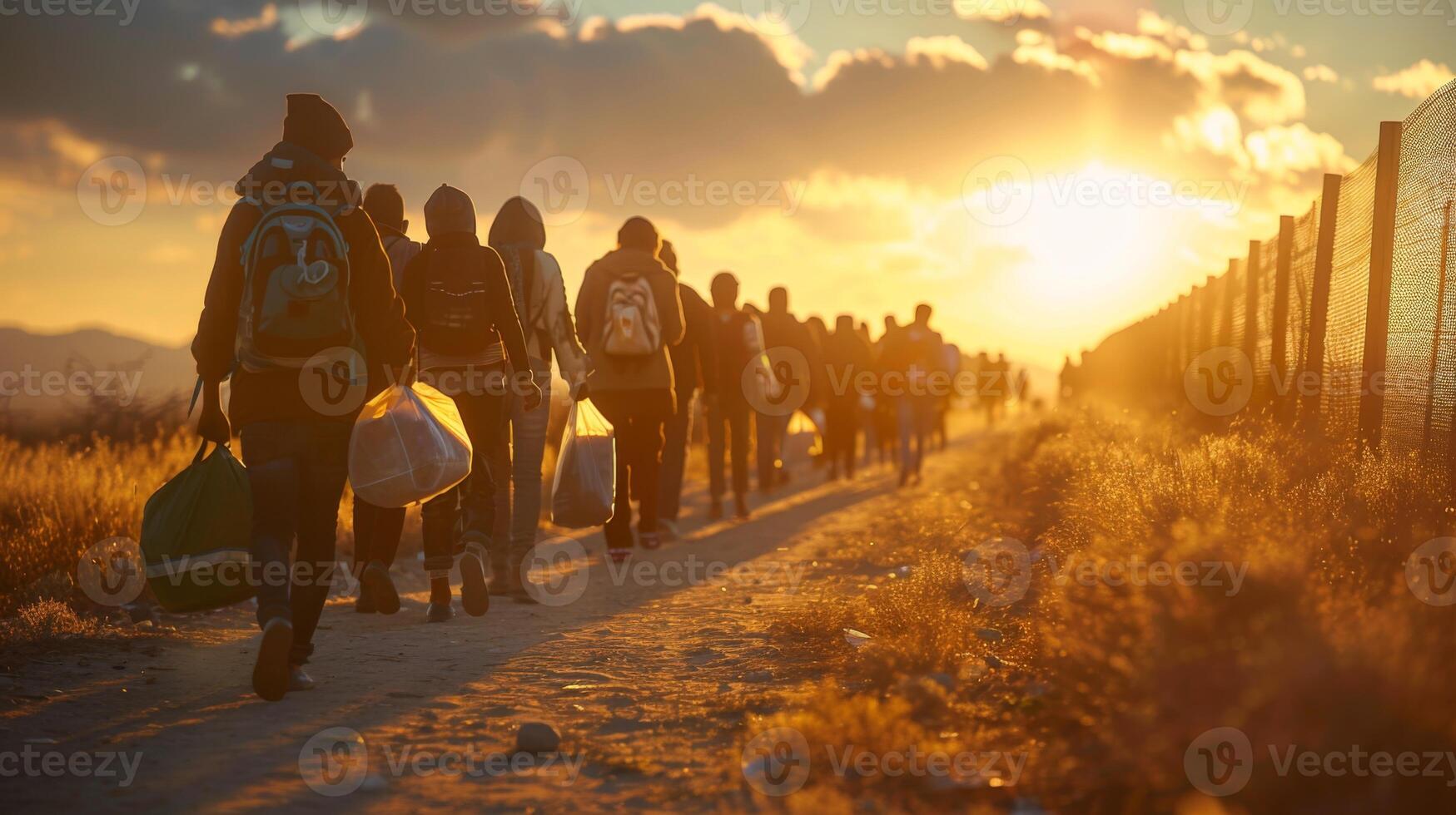 People are walking together along a dirt road carrying bags as the sun sets behind them, illuminating the landscape and casting long shadows along the route. photo
